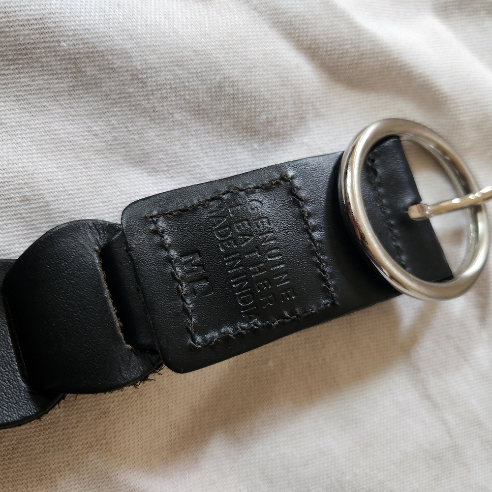 Genuine Leather Braided Belt Black Round Silver Buckle M/L - Picture 3 of 4